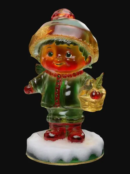 3D model for A stylized boy Hummel figure made of translucent glass, standing on a snow base with gold lining and red and green Christmas crystal. Nvidia volumetric lighting. #ChristmasAdventure#
