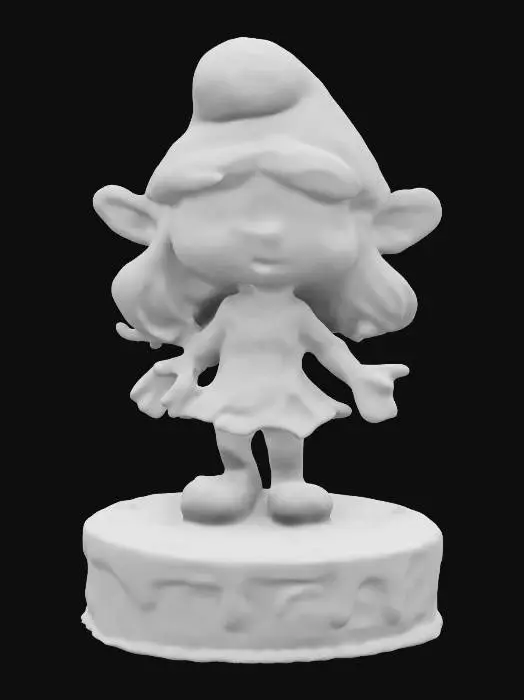3D model for A stylized Smurfette figure made of translucent Christmas candy, but life-size, standing on a Christmas frosted calke base with silver and blue holiday decorations. Nvidia volumetric lighting. #ChristmasAdventure#