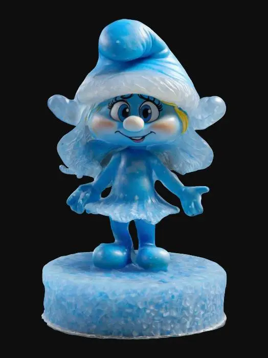 3D model for A stylized Smurfette figure made of translucent Christmas candy, but life-size, standing on a Christmas frosted calke base with silver and blue holiday decorations. Nvidia volumetric lighting. #ChristmasAdventure#