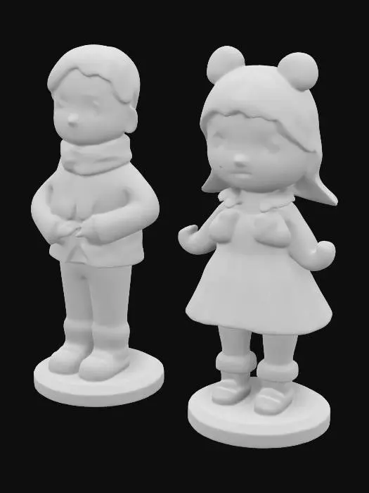 3D model for A stylized boy and girl Hummel figure but its life size, made of translucent glass, making snowballs in the front yard with silver and blue Christmas decorations. Nvidia volumetric lighting. #ChristmasAdventure#