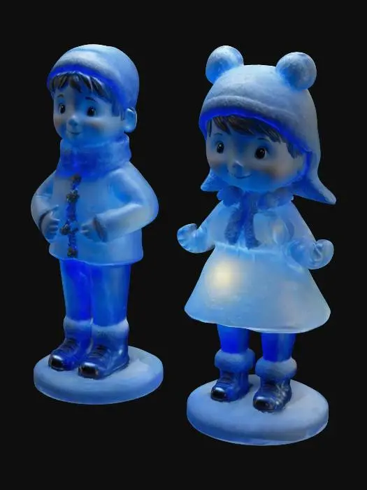 3D model for A stylized boy and girl Hummel figure but its life size, made of translucent glass, making snowballs in the front yard with silver and blue Christmas decorations. Nvidia volumetric lighting. #ChristmasAdventure#