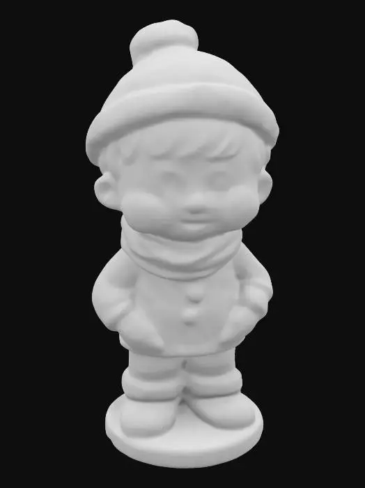3D model for A stylized boy Hummel figure but its life size, made of translucent glass, chibi,, shota, decorating a Christmas tree, on a snow base with Christmas decorations. Nvidia volumetric lighting. #ChristmasAdventure#