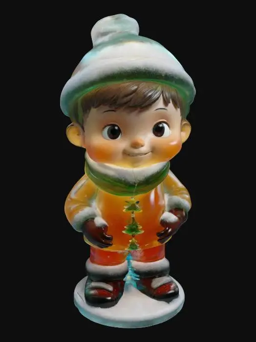 3D model for A stylized boy Hummel figure but its life size, made of translucent glass, chibi,, shota, decorating a Christmas tree, on a snow base with Christmas decorations. Nvidia volumetric lighting. #ChristmasAdventure#