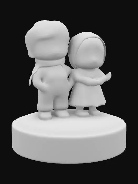 3D model for A stylized little boy and girl Hummel figure, life-size, made of crafted white chocolate, chibi, shota, playing under the Christmas tree, on a candy snow base with Christmas decorations. Nvidia volumetric lighting. #ChristmasAdventure#