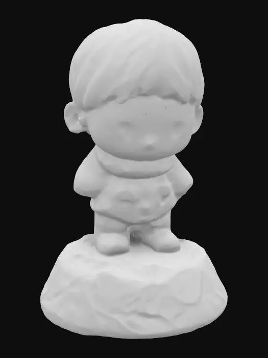 3D model for A stylized boy Hummel figure but its life size, made of translucent glass, chibi, shota, decorating a store-front, on a ice base with winter solstice decorations. Nvidia volumetric lighting.