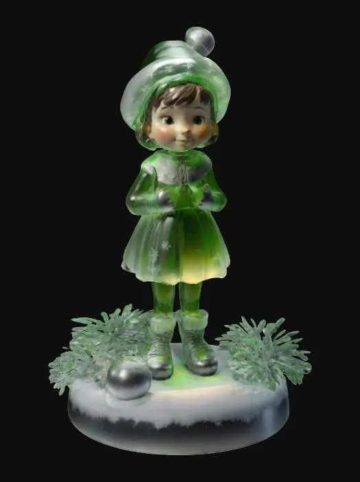 3D model for A stylized girl Hummel figure but its life-size, made of translucent glass, standing on a snow base with silver and green new-year decorations. Nvidia volumetric lighting.