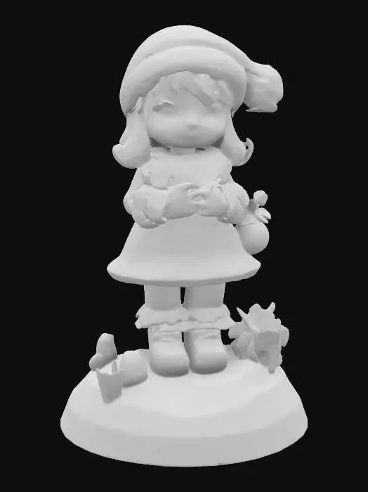3D model for A stylized girl Hummel figure but its life-size, made of translucent glass, standing on a snow base with gold and red new-year decorations. Nvidia volumetric lighting.