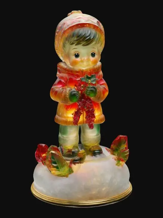 3D model for A stylized Hummel figure of a boy made of translucent glass, bundled-up for winter, on a snow base with gold lining and red and green crystal. Surrounded by a sparkling new-year aura, and poinsettias, Nvidia volumetric lighting.