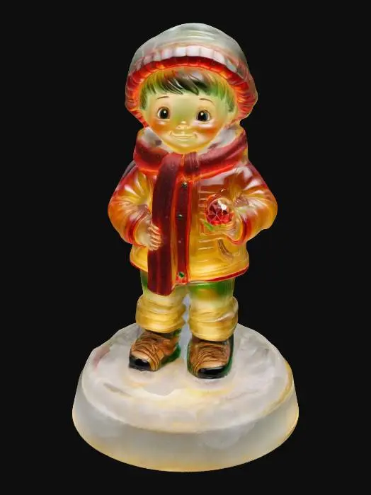 3D model for A stylized Hummel figure of a boy made of translucent glass, bundled-up for winter, on a snow base with gold lining and red and green crystal. Surrounded by a sparkling new-year aura, and poinsettias, Nvidia volumetric lighting.