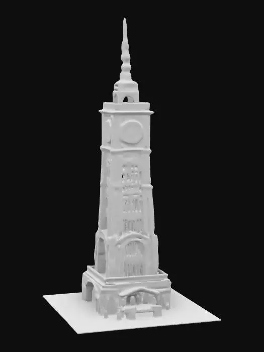 3D model for A very tall vintage 1950s intricate and advanced clock-tower made of masterfully crafted white chocolate standing on a snow base, ornate gears made of transparent candy, with gold lining and crystal. Gears and mechanics can be seen through the windows. Nvidia volumetric lighting. #newyear2025# game asset, life-size, 30-meters tall. With an observation deck for tourists, and an ornate modern glass and steel spire.