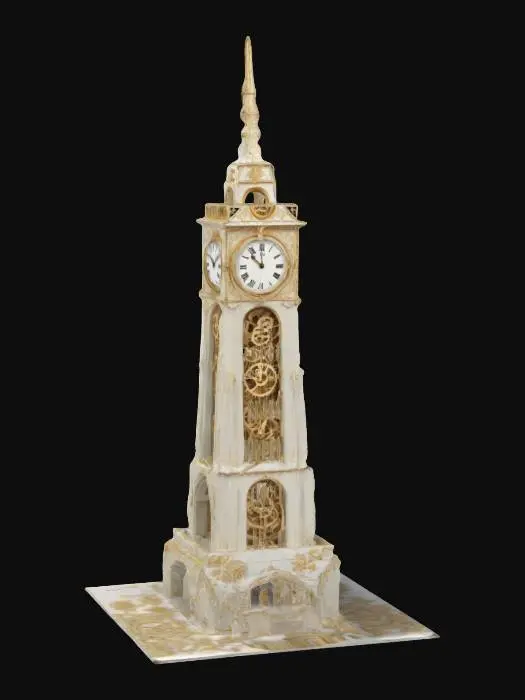 3D model for A very tall vintage 1950s intricate and advanced clock-tower made of masterfully crafted white chocolate standing on a snow base, ornate gears made of transparent candy, with gold lining and crystal. Gears and mechanics can be seen through the windows. Nvidia volumetric lighting. #newyear2025# game asset, life-size, 30-meters tall. With an observation deck for tourists, and an ornate modern glass and steel spire.