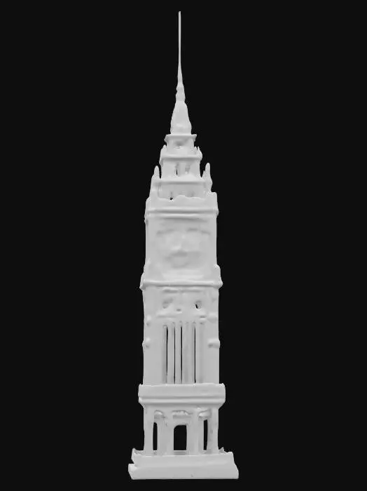 3D model for A very tall vintage 1950s intricate and advanced clock-tower made of masterfully crafted white chocolate standing on a snow base, ornate gears made of transparent candy, with gold lining and crystal. Gears and mechanics can be seen through the windows. Nvidia volumetric lighting. #newyear2025# game asset, life-size, 30-meters tall. With an observation deck for tourists, and an ornate modern glass and steel spire.