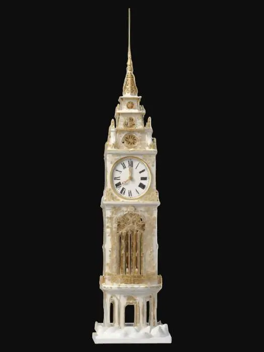 3D model for A very tall vintage 1950s intricate and advanced clock-tower made of masterfully crafted white chocolate standing on a snow base, ornate gears made of transparent candy, with gold lining and crystal. Gears and mechanics can be seen through the windows. Nvidia volumetric lighting. #newyear2025# game asset, life-size, 30-meters tall. With an observation deck for tourists, and an ornate modern glass and steel spire.