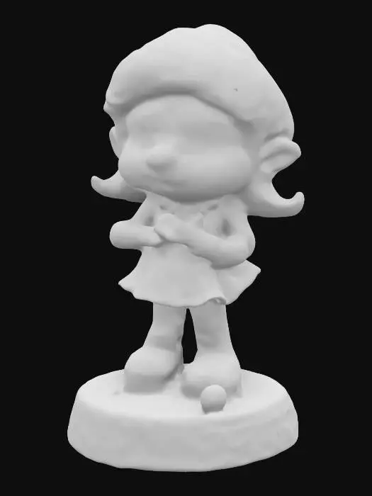 3D model for A stylized Smurfette figure made of translucent Christmas candy, but life-size, standing on a Christmas frosted calke base with silver and blue holiday decorations. Nvidia volumetric lighting. #ChristmasAdventure#