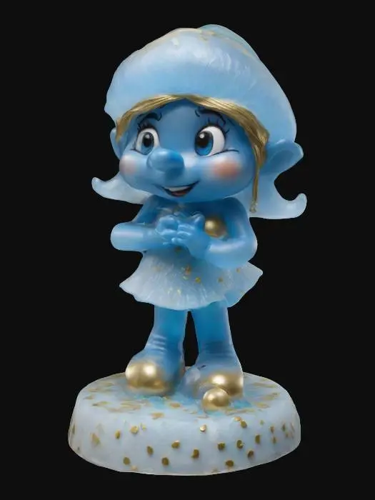 3D model for A stylized Smurfette figure made of translucent Christmas candy, but life-size, standing on a Christmas frosted calke base with silver and blue holiday decorations. Nvidia volumetric lighting. #ChristmasAdventure#