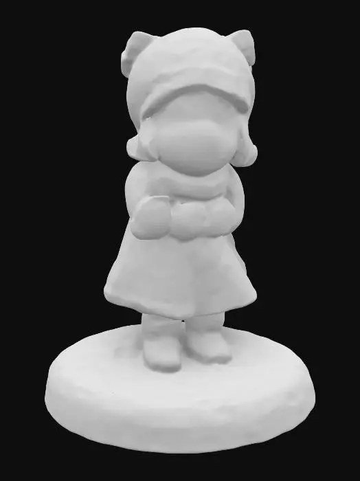 3D model for A stylized girl Hummel figure but its life-size, made of translucent glass, standing on a snow base with silver and green new-year decorations. Nvidia volumetric lighting.