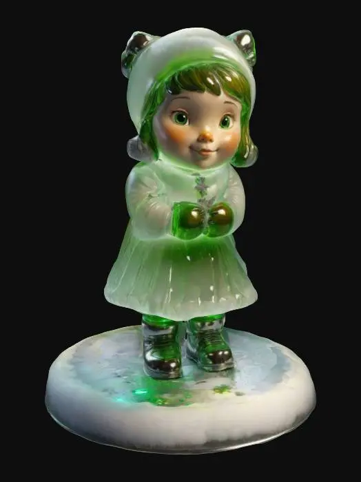 3D model for A stylized girl Hummel figure but its life-size, made of translucent glass, standing on a snow base with silver and green new-year decorations. Nvidia volumetric lighting.