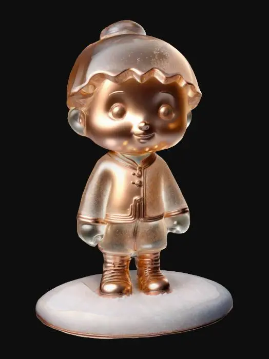 3D model for A stylized boy Hummel figure made of translucent glass, standing on a snow base with rosegold and champaign crystal. Surrounded by a sparkling aura. Nvidia volumetric lighting.