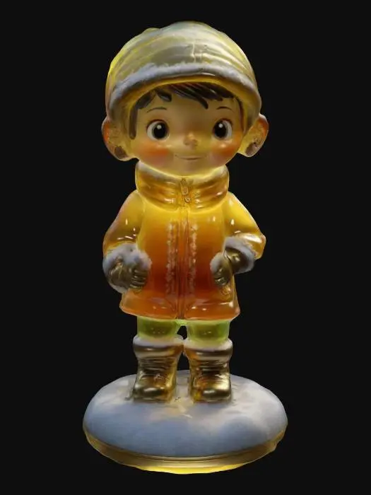 3D model for A stylized Hummel figure of a boy made of translucent glass, bundled-up for winter, on a snow base with gold lining and red and green crystal. Surrounded by a sparkling new-year aura, and poinsettias, Nvidia volumetric lighting.