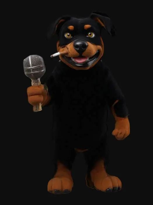3D model for Make for me please a Rottweiler puppet named, Triumph the Insult Comic Dog. He always has a fake cigar in his mouth. He should be speaking into a microphone.