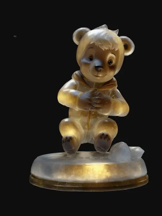 3D model for A stylized Hummel Carebear figure of a boy made of translucent glass, wearing polarbear pajamas, on an ice base with gold lining and red and green crystal. Surrounded by a sparkling new-year aura, and poinsettias, Nvidia volumetric lighting.