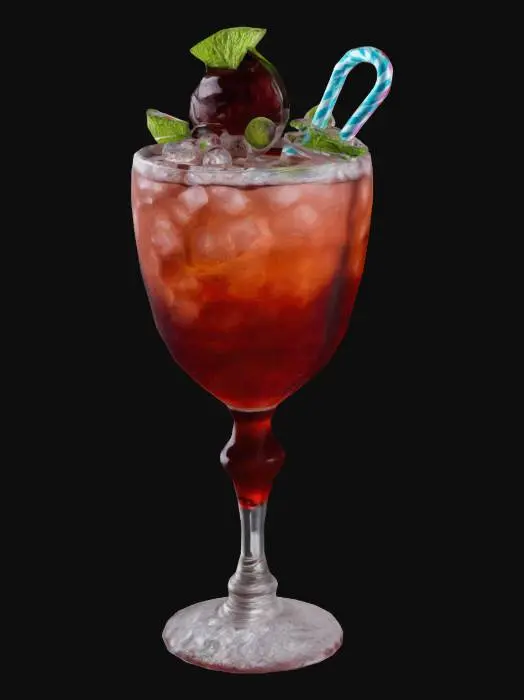 3D model for Dr pepper mocktail in an elaborate glass with shaped ice, and a unique straw.