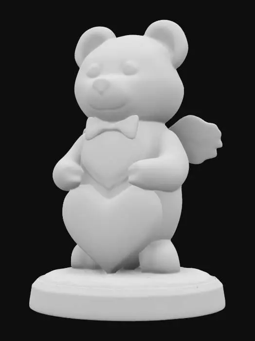 3D model for A cherished-teddy figure made of masterfully crafted white chocolate standing on a heart shaped base, dressed as Cupid cutely posed with a large red heart made of transparent candy, with gold lining and crystal. Nvidia volumetric lighting, game asset,