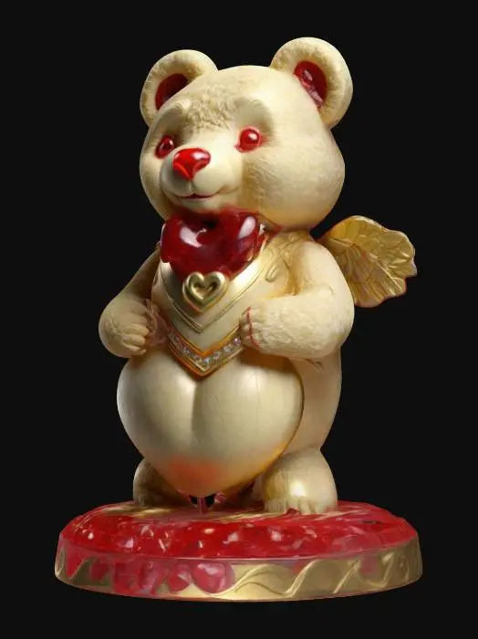 3D model for A cherished-teddy figure made of masterfully crafted white chocolate standing on a heart shaped base, dressed as Cupid cutely posed with a large red heart made of transparent candy, with gold lining and crystal. Nvidia volumetric lighting, game asset,