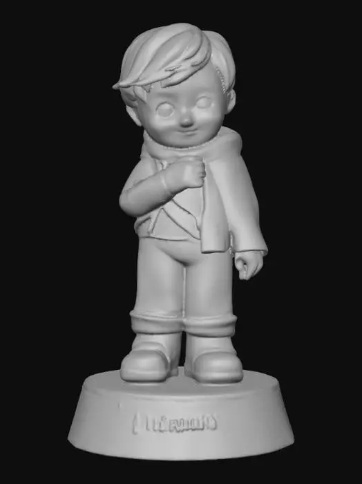 3D model for A stylized boy Hummel figure made of translucent glass, standing on a holiday-time base, with rosegold and champaign crystal. Surrounded by a sparkling aura. Nvidia volumetric lighting. #Christmas2025#