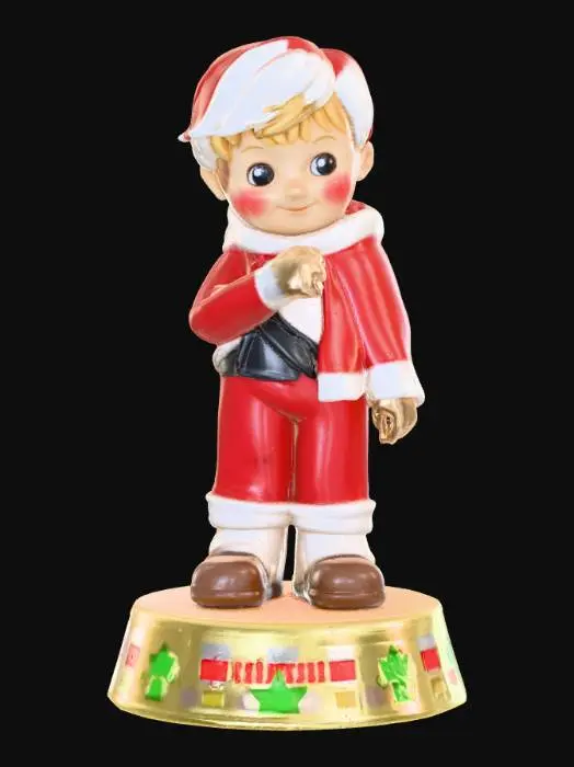 3D model for A stylized boy Hummel figure made of translucent glass, standing on a holiday-time base, with rosegold and champaign crystal. Surrounded by a sparkling aura. Nvidia volumetric lighting. #Christmas2025#