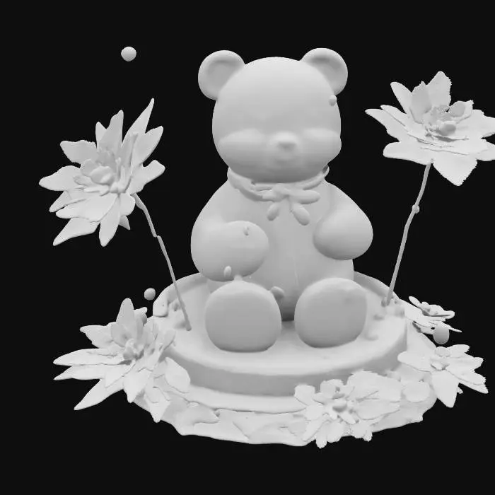 3D model for A stylized Carebear figure of a made of translucent glass, wearing polarbear pajamas, on an ice base with gold lining and red and green crystal. Surrounded by a sparkling new-year aura, and poinsettias, Nvidia volumetric lighting.