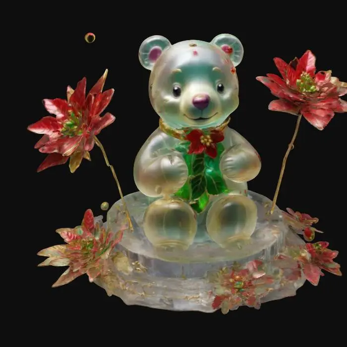 3D model for A stylized Carebear figure of a made of translucent glass, wearing polarbear pajamas, on an ice base with gold lining and red and green crystal. Surrounded by a sparkling new-year aura, and poinsettias, Nvidia volumetric lighting.