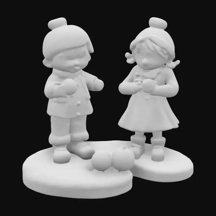 3D model for A stylized boy and girl Hummel figure but its life size, made of translucent glass, making snowballs in the front yard with silver and crystal ice decorations. Nvidia volumetric lighting. February.