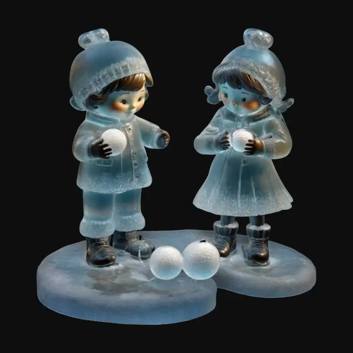 3D model for A stylized boy and girl Hummel figure but its life size, made of translucent glass, making snowballs in the front yard with silver and crystal ice decorations. Nvidia volumetric lighting. February.