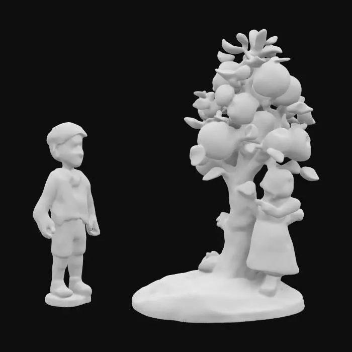 3D model for #hard surface#, vintage early 1900s pear tree Boy & pear tree Girl Hummel figurines