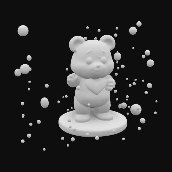 3D model for A cherished_teddy figure made of masterfully crafted white chocolate standing on a snow base, cutely dancing among bubbles made of transparent candy, with gold lining and crystal. Nvidia volumetric lighting. Game_ready asset,