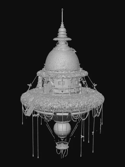 3D model for A grasspunk hovering temple, with ropes tied between parts of the hovering temple and the roof of the temple, with thruster jets on the temple, with a big cylinder container of "HELIUM" fixed to the underside of the temple.