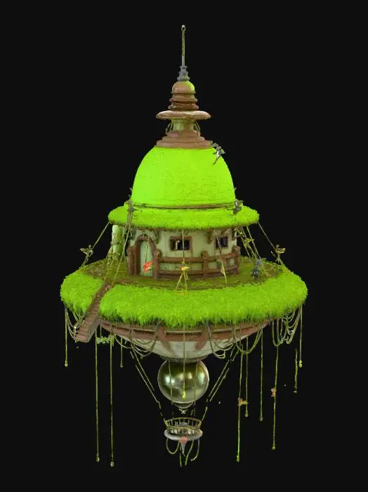 3D model for A grasspunk hovering temple, with ropes tied between parts of the hovering temple and the roof of the temple, with thruster jets on the temple, with a big cylinder container of "HELIUM" fixed to the underside of the temple.