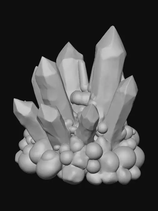 3D model for Symmetrical crystal with clusters of smaller crystals, holographic in colour, random mirror-like reflective surfaces, random golden-like reflective suraces, random holographic-like reflective surfaces