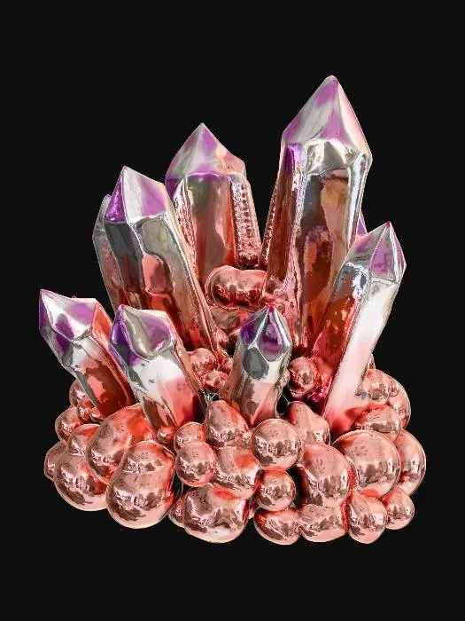 3D model for Symmetrical crystal with clusters of smaller crystals, holographic in colour, random mirror-like reflective surfaces, random golden-like reflective suraces, random holographic-like reflective surfaces