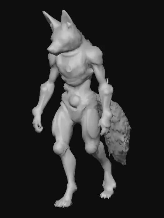 3D model for a humanoid dingo cub with metallic cybertronic features, in cyberpunk hybrid steampunk style theme, using medieval matte colour scheme, walking down on all fours, with a long tail