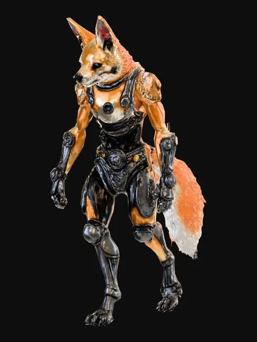 3D model for a humanoid dingo cub with metallic cybertronic features, in cyberpunk hybrid steampunk style theme, using medieval matte colour scheme, walking down on all fours, with a long tail