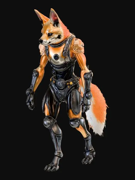 3D model for a humanoid dingo cub with metallic cybertronic features, in cyberpunk hybrid steampunk style theme, using medieval matte colour scheme, walking down on all fours, with a long tail