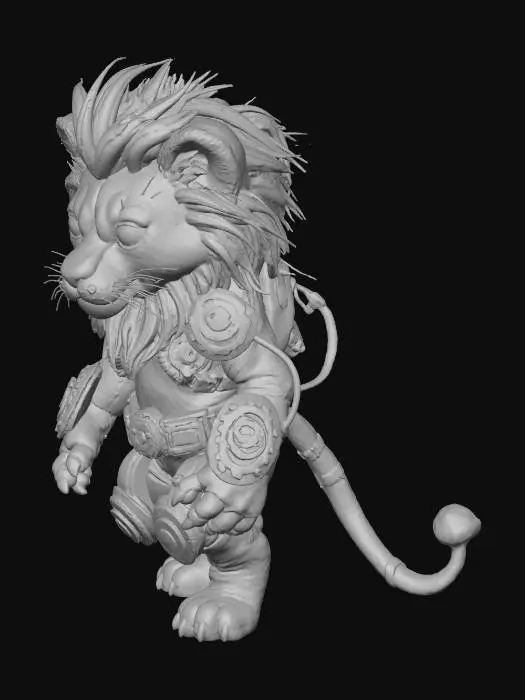 3D model for a lion cub with metallic cybertronic features, in cyberpunk hybrid steampunk style theme, using medieval colour scheme, the lion cub has a full adult mane, the adult mane is fiery red