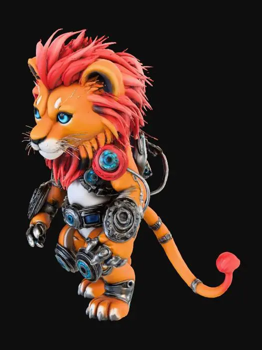 3D model for a lion cub with metallic cybertronic features, in cyberpunk hybrid steampunk style theme, using medieval colour scheme, the lion cub has a full adult mane, the adult mane is fiery red