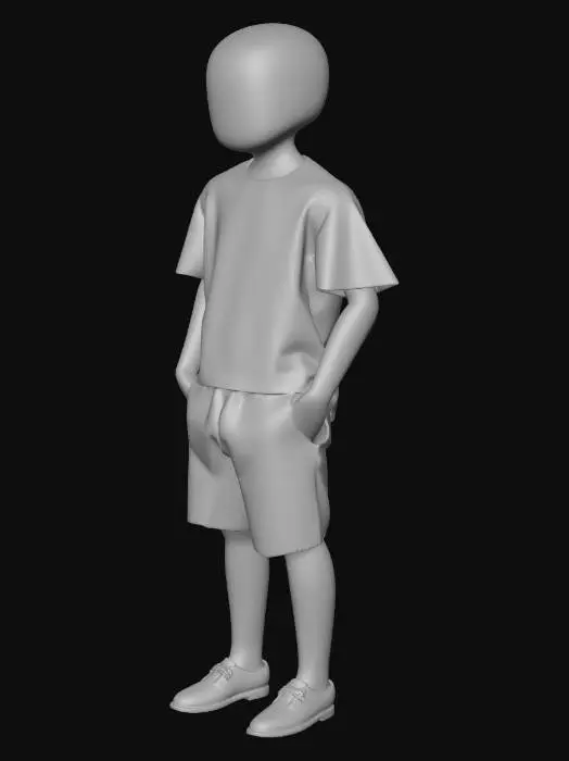 3D model for 1990s low-poly white human character wearing plain black basic shorts and a plain red basic shirt