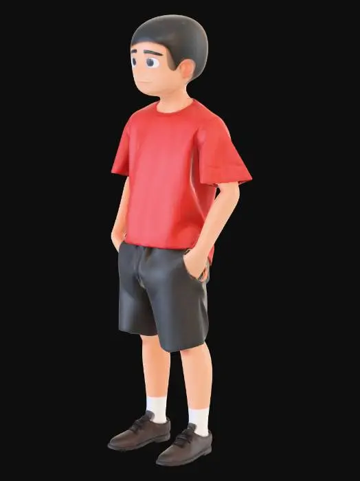 3D model for 1990s low-poly white human character wearing plain black basic shorts and a plain red basic shirt