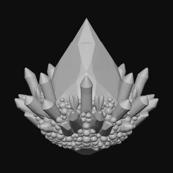 3D model for Symmetrical gem with clusters of smaller crystals, holographic in colour, random mirror-like reflective surfaces, random golden-like reflective suraces, random holographic-like reflective surfaces