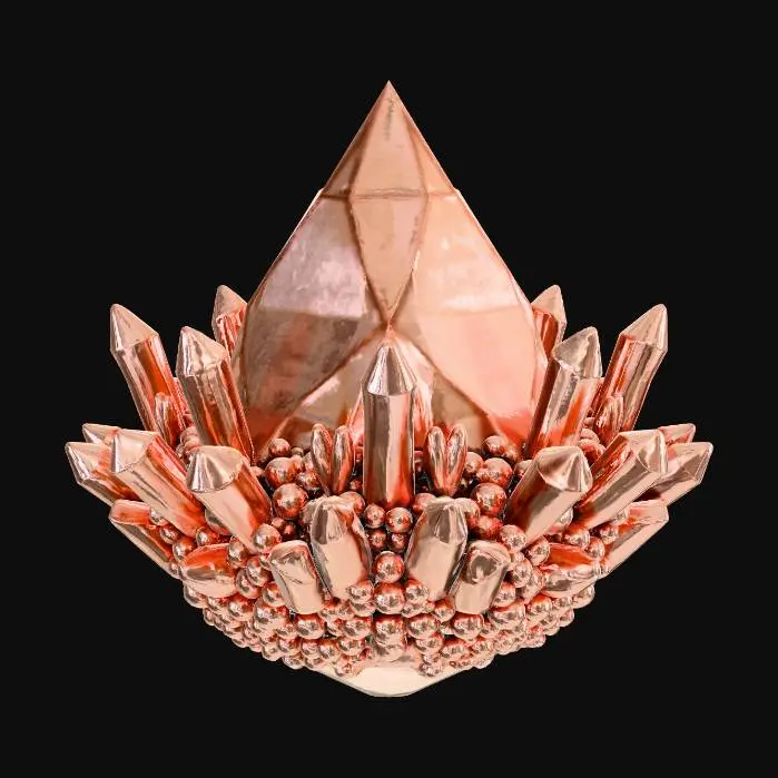 3D model for Symmetrical gem with clusters of smaller crystals, holographic in colour, random mirror-like reflective surfaces, random golden-like reflective suraces, random holographic-like reflective surfaces