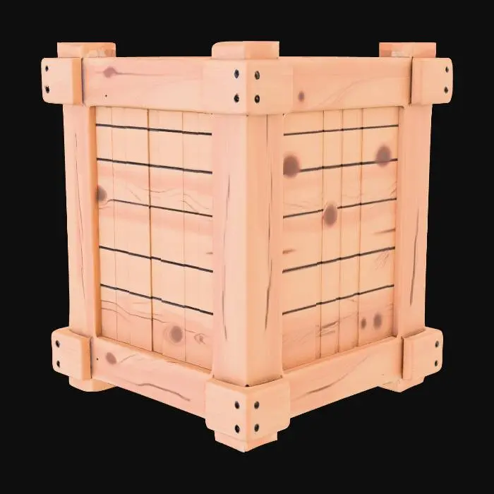 3D model for A wooden cube box, reinforced by wooden planks, completely enclosed wooden cube box, perfect cube, detailed wood grain